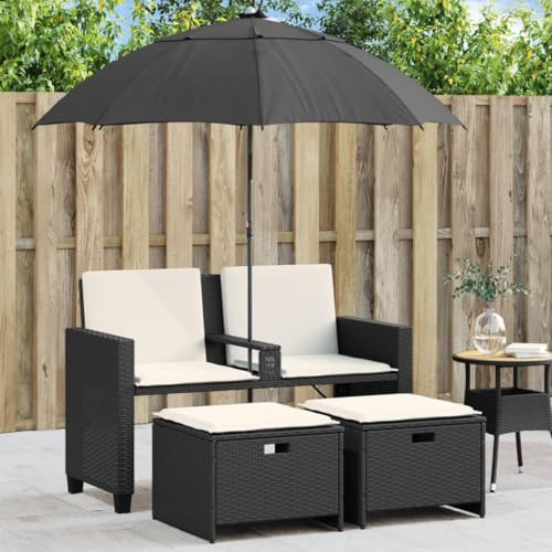 Hoopleep Gartensofa 2-Sitzer mit Sonnenschirm und 2 Hockern, Schwarz Poly-Rattan Outdoor Set, platzsparend, für Terrasse und Balkon, wetterfest, Bequeme Sitzgruppe