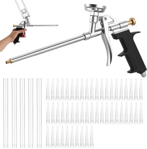 PU Schaumpistole, 2 Stück Bauschaumpistole, Profi Metall Bauschaum Pistole, Dosierpistole zum Abdichten, Füllen, mit 5 langen Düsen und 50 kurzen Düsen, BENÖTIGT KEINE REINIGER