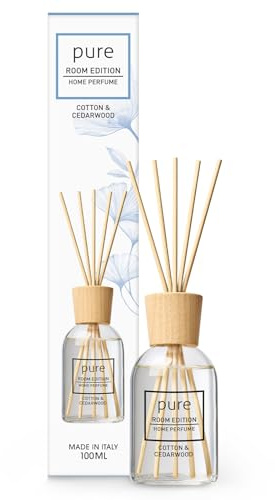 PURE ROOM EDITION 100ml Raumduft Baumwolle & Zedernholz: natürliche Inhaltsstoffe, vegan & tierversuchsfrei, Bio-Alkohol, Diffuser mit Stäbchen hergestellt in Italien