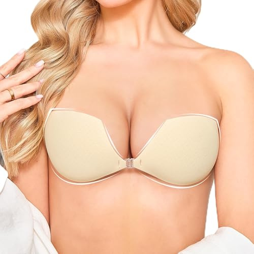 Hioffer Women's Strapless Stick on Bra — Sticky Push Up Invisible Bras Reusable & Breathable Self Adhesive Bra for Backless Low Back Dresses, Wedding, Party Beige
