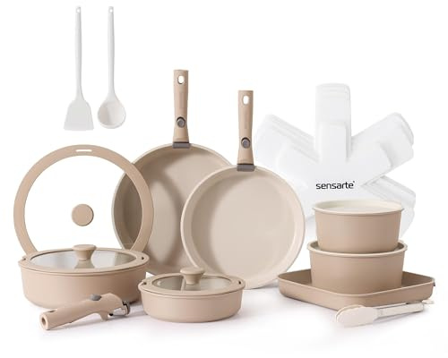SENSARTE Batterie de Cuisine Induction avec Poignées Amovibles, 24PCS,Beige | Revêtement Céramique Naturelle, lot poêle et casserole anti-adhésif, empilable, compatible lave-vaisselle et four
