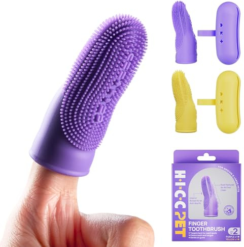 HICC PET Dog Finger Toothbrush 2 Pack, Dual-Sided, 360° Soft Silicone | Pet Toothbrush for Plaque and Tartar Cleaning, Soft Liquid Silicone Protective Case, Gentle on Gums, Yellow & Purple