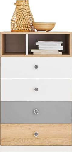 Masseno Kommode Brera 60 cm Sideboard mit 4 Schubladen und Türen für Wohnzimmer Schlafzimmer Modern 60x40x100 cm Eichefarben/Weiß