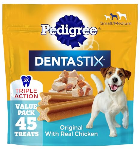 Pedigree Dentastix Small & Medium Breed Dog Treats, Original with Real Chicken, Dog Dental Treats, 21.1 oz. Bag (45 Treats Total)