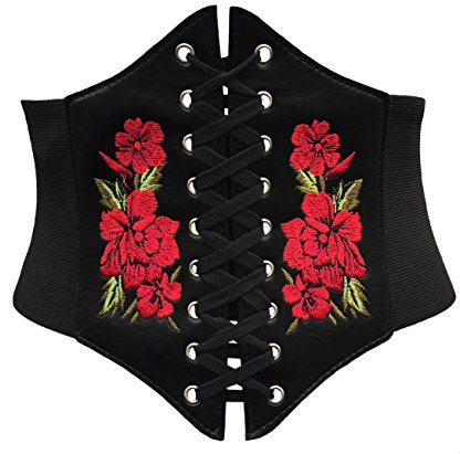 ELASTIC CINCHED WIDE CORSET BELT RED, BLACK & WHITE (Small, Black with Red Rose)