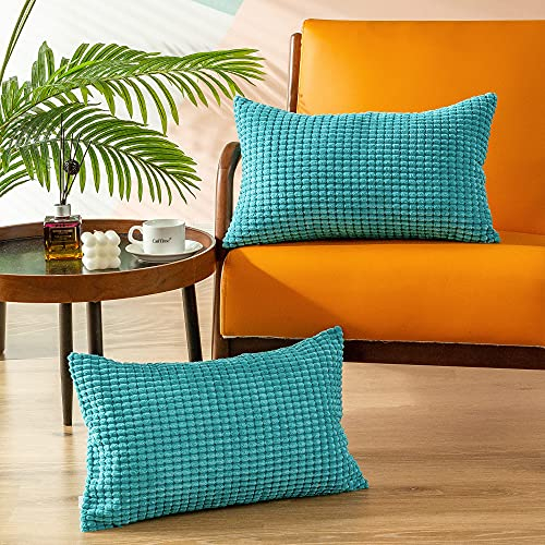 CaliTime Kissenbezüge Kissenhülle 2er-Pack Comfy Bolster Pillow Covers Cases for Couch Sofa Bed Comfort Supersoft Cord Corn Striped Both Sides 30cm x 50cm Lake Blue