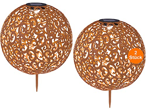 bmf-versand® Solarlampen für Außen Kugel 40 cm mit LED 2er Set - Gartendeko Vintage Rost Metall - Solarleuchten Garten Deko 2 Stück - Außenlampe Retro Stehend Orientalisch Antik 40 cm