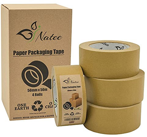 NATEE® Nastro adesivo in carta kraft, completamente riciclabile, resistente, ecologico, per imballaggi e scatole, carta marrone per traslochi, 50 m x 50 mm (4)