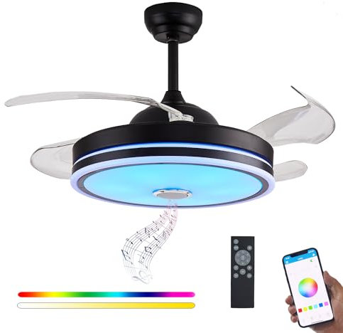 DFL 36 Bluetooth Ceiling Fan with Light, Fandelier, Dimmable Retractable Ceiling Fan Light and Bluetooth Speaker RGB Color Change with Remote Controller for Living Room/Bedroom Music Black