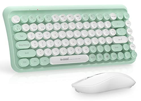 MEMUMI Juegos de Teclado en Español y Raton Inalámbricos, Vintage Teclas de Máquina de Escribir Redondas Teclado Mouse Conectividad Bluetooth para iPad Pro 2024/ Air 2024, Múltiples Dispositivos