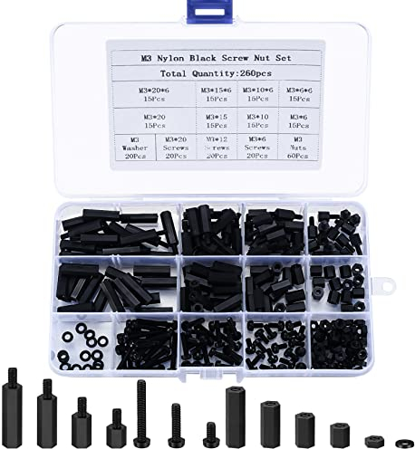 260 Stück Nylon Schrauben und Muttern Set, M3 Abstandshalter Platine Schraubenmutter, Platinen Distanzhülsen Kit Männlich zu Weiblich für Reparatur - Schwarze