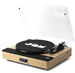 Jam Sound Stream+ Plattenspieler, integrierte Stereo-Lautsprecher, Bluetooth-Konnektivität, 3 Geschwindigkeiten, AC-Adapter, RCA-zu-AUX-Kabel, mit Plattenadapter und Slipmat, elegante Holzoberfläche