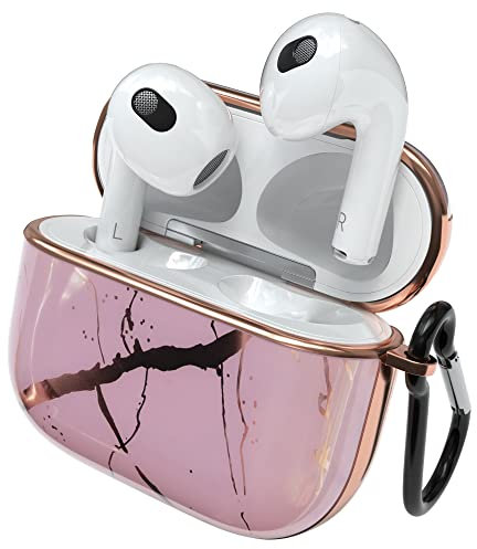 EAZY CASE - Schutzhülle für AirPods 3 Hülle Rosa Hard Case Stoßfest mit Karabiner geeignet als Schlüsselanhänger Antikratz Etui rutschfest Hardcase für Airpod 3. Generation in Rosegold Marmor