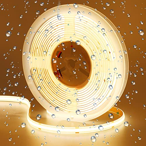 GOMING 24V COB LED Streifen Warmweiss 3000K 5M Wasserdicht IP65 LED Strip 480LED/M Keine Lichtflecken CRI 93+ Hohe Helligkeit 4300lm LED Band Selbstklebend für Heim Deko(Netzteil nicht Enthalten)