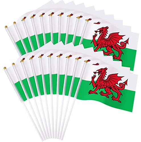20 Stück Wales-Flagge, JUNEBRUSHS 14 × 21 cm Mini-Handflaggen Weltfußballcup Tasche Wales Drachen Nationalflaggen 2022 Dekorationen (walisische Flagge)