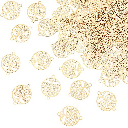 DICOSMETIC 60pcs d'arbre Pendentif Lien Doré Connecteurs en Acier Inoxydable Charmes avec Double Boucles Arbre Rond breloque Arbre de Vie Pendentifs pour DIY Bracelet Collier Bijoux