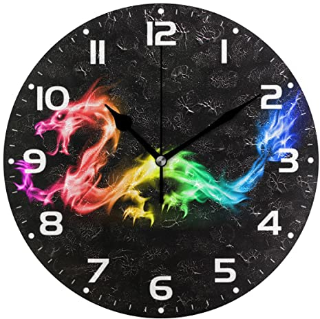 Große Wanduhren, Drachenmonster, Regenbogenfarben, helle Flamme, batteriebetrieben, nicht tickend, 25,4 cm, geräuschlos, Kunst, Schlafzimmer, Küche, Atomuhr, analoge Uhren, Heimdekoration