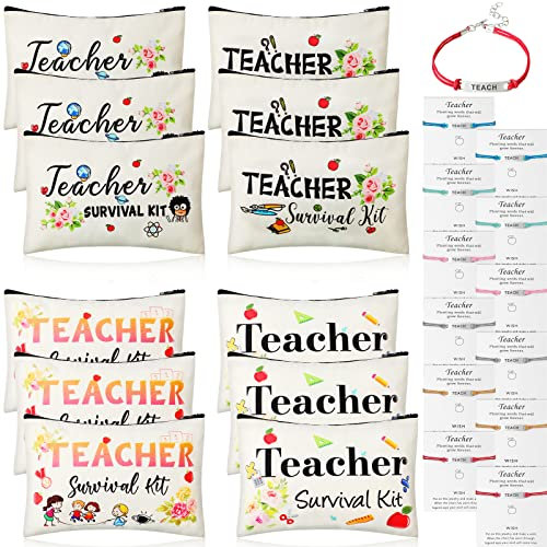 Frienda 24-teiliges Geschenk-Set für Lehrer, 12 Lehrer-Überlebens-Kit, Make-up-Tasche, 12 Segenskarten-Armbänder, Kosmetiktaschen-Set (lebendiger Stil, 23,9 x 15,9 cm), Lebendiger Stil, 9.1 x 5.9 Inch