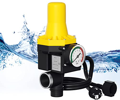Ikodm Pumpensteuerung Druckschalter, 10bar Druckwächter Pumpensteuerung mit Baranzeige, Automatisches Ein- und Ausschalten, Gartenbewässerung Trockenlaufschutz, mit Kabel, Gelb