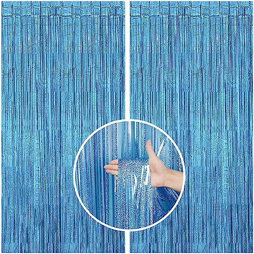 TAKUZA Lametta Vorhang Blau 2 Stück, Lametta Vorhänge Blau Glitzer 1m x 2,5m, Glitzervorhang Lametta Blau, Lametta Blau Lang Geeignet für Geburtstag Hochzeit Graduation Festliche Party Deko