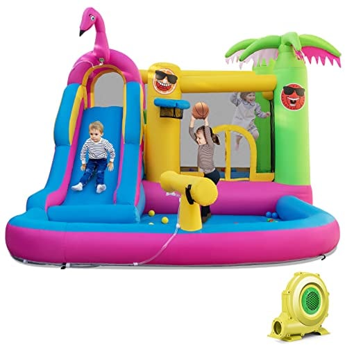 DREAMADE Aufblasbare Hüpfburg mit Wasserrutsche, 300 x 450 x 260 cm Wasserpark mit Sprungbereich & Planschbecken & 50 Bälle, Flamingo-Hüpfburg mit Gebläse, Wasserburg Kinder ab 3 Jahre
