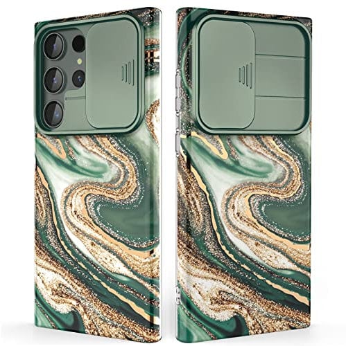SHEDEER for Samsung S23 Ultra Case with Slide Camera Cover, Samsung Galaxy S23 Ultra Case Slim Fit Shockproof, Glossy Fade-Resistant Pattern Design Phone Cover (Green)