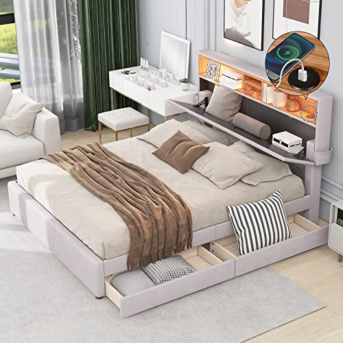 Doppelbett 140x200cm,Polsterbett Stauraum-Kopfteil Bett mit Aufladen USB und LED-Beleuchtung,Funktionsbett mit Zwei Schubladen, Verstellbares Kopfteil (Beige)