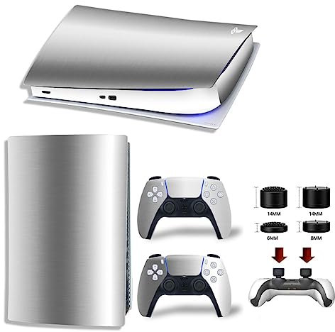 MaD Vision® Extra-Durable Skin Set in Vinile per PS5 Digital + 5 Paia di Aiming Rings | Kit Adesivo e Resistente ai Graffi per PlayStation 5 + 2 Controllers - Argento Cromato Effetto Specchio