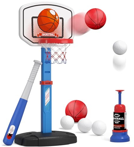 HYES 2 in 1 Kids Basketball Hoop and T Ball Set - Adjustable Height, Kids Baseball Tee with Automatic Pitching Machine, Indoor Outdoor Sport Toys Gifts for Toddler Boys Girls Age 1-5, Blue