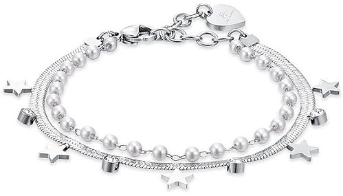 Luca Barra Bracciale da donna acciaio con perle bianche, stelle e cristalli. La referenza è BK2394.