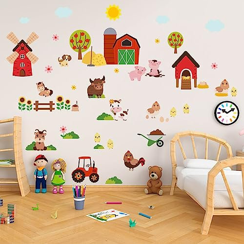 PLIGREAT 2 Blatt Niedliche Bauernhoftiere Wandtattoo Cartoon Kuh Schwein Bauernhof Haus Wandaufkleber Für Schlafzimmer Spielzimmer Kinderzimmer Schranktür Dekor Innen DIY Große Aufkleber Dekoration