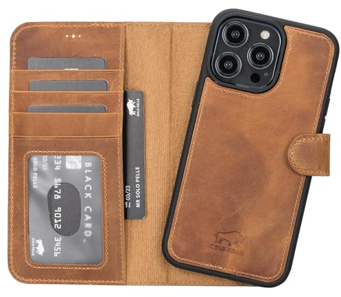 Solo Pelle Lederhülle kompatibel für iPhone 15 Pro Max in 6.7 Zoll abnehmbare Hülle (2in1) inkl. Kartenfächer für das original Apple iPhone 15 Pro Max in 6.7 (Camel Braun)