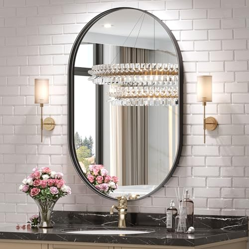 Brightify ovaler Wandspiegel mit Metallrahmen, Badezimmer-Schminkspiegel, moderner Spiegel in Pillenform für Schlafzimmer, Wohnzimmer, zur Wanddekoration, vertikal, horizontal, 50,8 x 83,8 cm, Schwarz