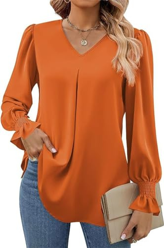 Tomwell Blouse Femme Automne Chemisier en Mousseline de Soie Élégant Haut à Manches Longues Col V Tunique Fluide T-Shirt Couleur Unie Blouse Plissé Casual Femme Chic A Orange M