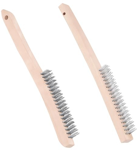 Tanstic 2Pcs Wire Brush Set, Heavy Duty Stainless Steel and Carbon Steel Wire Scratch Brush with 14 Long Curved Wood Handle for Removing Paint, Rust, Welding
