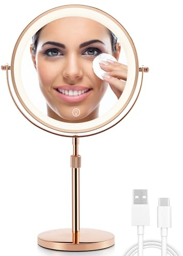 OMIRO 3X/10X Vergrößerungs Make-up Spiegel mit Lichtern, 21 cm Doppelseitiger Schwenkbarer Kosmetikspiegel mit Höhenverstellbarem Ständer (Roségold)