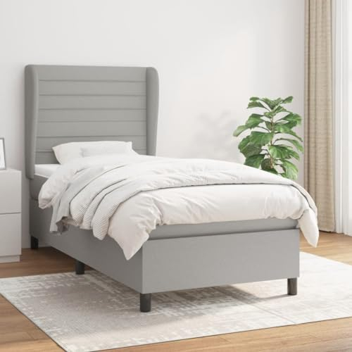 Festnight Boxspringbett 100x200 mit Matratze Polsterbett Bettrahmen Einzelbett Bett Stoff Bettgestell mit Lattenroste Boxspringbetten mit Verstellbar Kopfteil Hellgrau