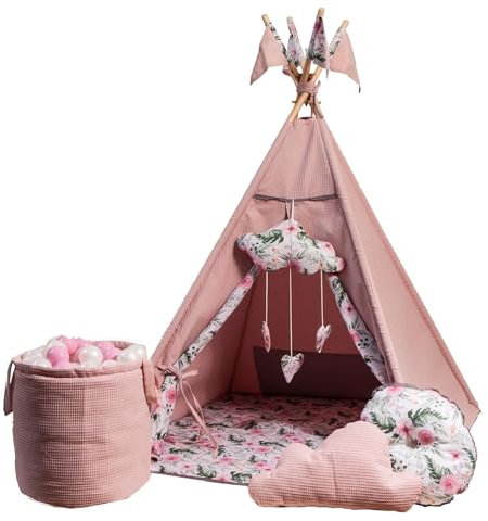 GOLDEN Kids - Tente tipi avec tapis de sol, coussins et balles, tente tipi pour chambre d'enfant, fille - Maison de jeux d'intérieur - Jardin de roses