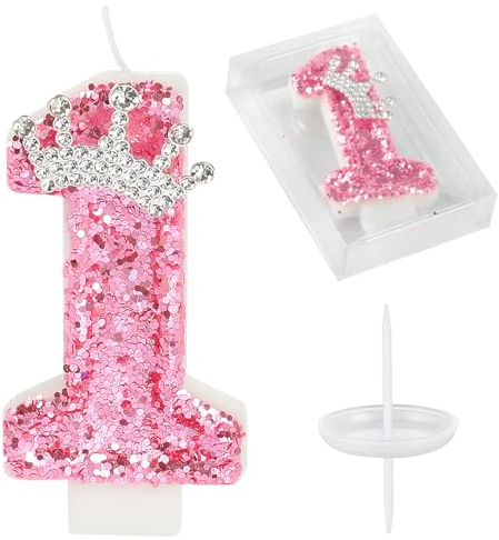 Birthday Number Candles,Pink Crown Birthday Candles for Cake,Glitter Number 1 Candle Cake Topper with Sequins for Girls,Women, Anniversary Celebrations Supplies (Pink 1)