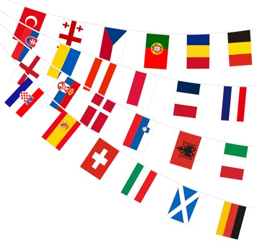 AhfuLife 24 Länder Fahnen Wimpelkette, 24 Länder Doppelseitige Stoff Euro Wimpel Girlande für 2025 Eurovision Euro Nations Damen Fußball League EM Haus Bar Garten Party Deko(20x28cm-11m, 8 Stück)