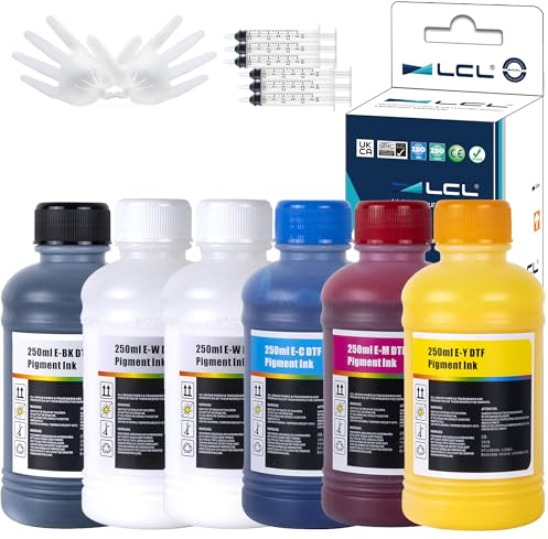 LCL 1500ML DTF Tinte, DTF Transfertinte Nachfülltinte für Epson ET-8550, XP-15000, L1800, L805, R1390, R2400, F2000, F2100, F2200, P700, P900,Wärmeübertragungsdrucktinte Set (250 ml x 6, CMYK 2 Wh)