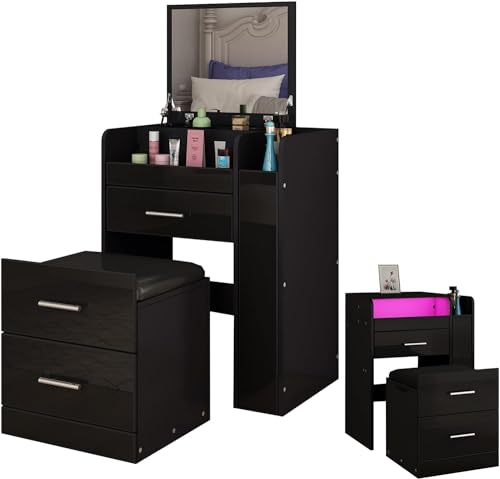 Schminktisch-Set mit LED-Lichtern, 90° Klappbarer Spiegel, 3 Schubladen, Make-up-Tisch-Set mit Gepolstertem Hocker, Schminktisch, Schminktisch für Mädchen-Schlafzimmer (Schwarz)