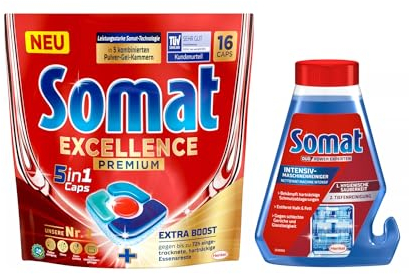 SOMAT 5in1 Caps 16 AW Excellence Premium, schnellauflösende Spülmaschinentabs mit Extra Boost, entfernen hartnäckige Essensreste + Somat Duo Power Experten Intensiv-Maschinenreiniger 250ml