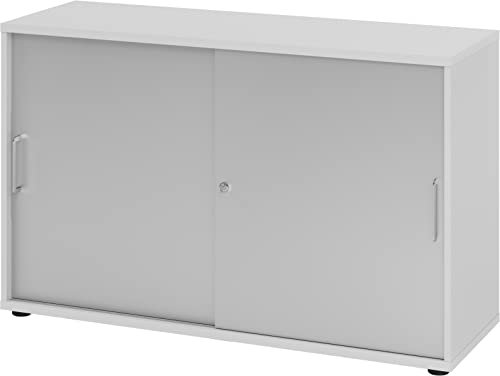 bümö Schiebetürenschrank 2OH - Aktenschrank abschließbar, Sideboard Schrank mit Schiebetüren in Grau/Silber, Bügelgriff - Büroschrank aus Holz mit Schiebetür, Büro Kommode für Ordner & Co.