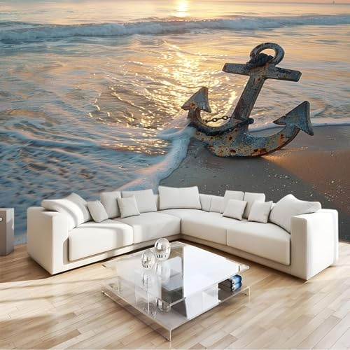 Fototapete 350x256cm XXL Wohnzimmer Schlafzimmer Wanddeko,Mehrfarbig Vlies Wandtapete Poster Deko,Korridor TV-Hintergrundwand Anker Strand Meer 3D Effekt Tapete