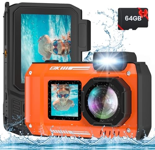 Upgraded 8K 70MP Underwater Camera With 32G Card, 33FT Waterproof, Rugged Dustproof Shockproof for Snorkeling, Selfie Digital for Diving, Dual-Screen Photography