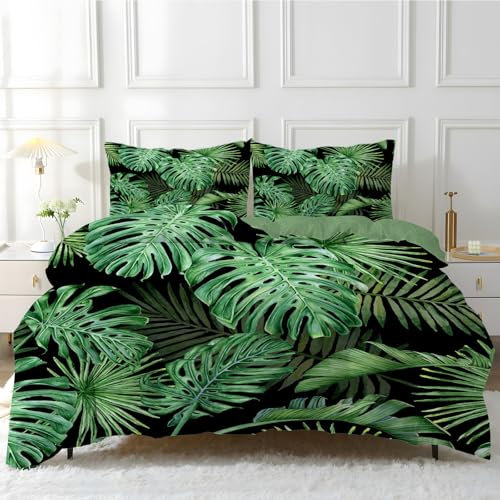 Linfye Bettwäsche 200x220 cm Grüne PalmBlätter Bettwäsche-Sets 1 Bettbezug 200x220 cm + 2 Kissenbezug 80x80 cm, Schwarze Pflanze Weich Mikrofaser Bettbezüge 3 Teilig mit Reißverschluss