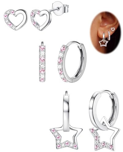 JeweBella 3 Paia Orecchini Argento 925 Cerchio Pendenti Zircone Cuore Stella Anallergici Set Bambina