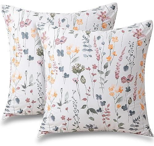 ATsense Kissenbezug 50x50 cm - 2er Set 100% Baumwolle, Bunt Pflanzen Blumen Muster Kopfkissenbezug mit Reißverschluss, ÖkoTex Zertifiziert Super Weicher und Bequemer Kissenhülle