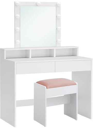 VASAGLE Schminktisch mit LED-Beleuchtung, Sitzhocker, Kosmetiktisch mit 2 Schubladen und 3 offenen Fächern, Makeup-Hocker aus Samt, für Schlafzimmer, weiß und mattweiß-pastellrosa RDT714W01